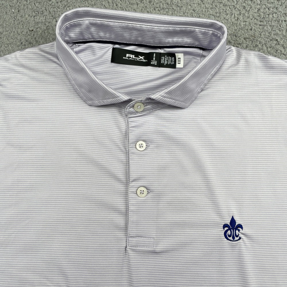 RLX Ralph Lauren Polo Shirt Men XL Purple Stripe Golf Fleur De Lis French Creek